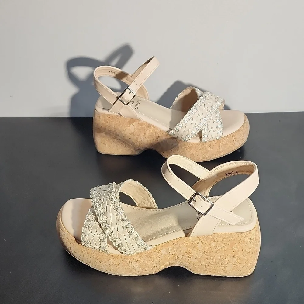 G.C. Cream Wedge Platform Shoes with Braided Straps